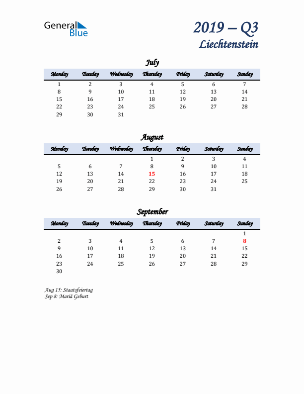 July, August, and September Calendar for Liechtenstein with Monday Start