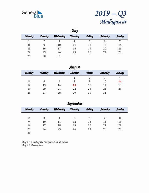 July, August, and September Calendar for Madagascar with Monday Start