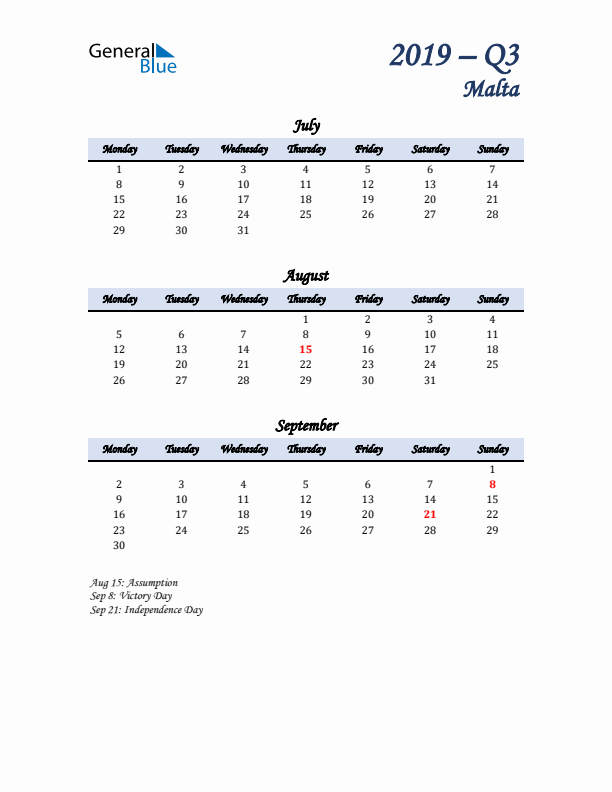 July, August, and September Calendar for Malta with Monday Start