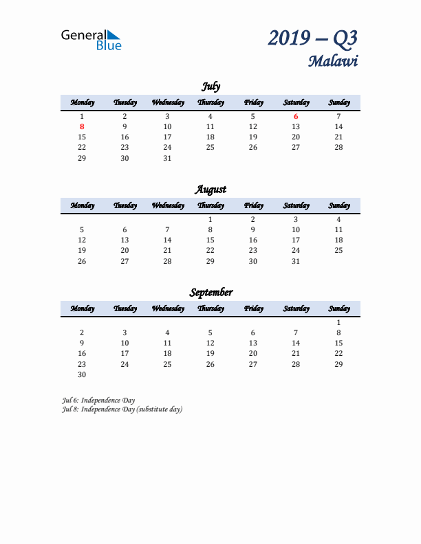 July, August, and September Calendar for Malawi with Monday Start