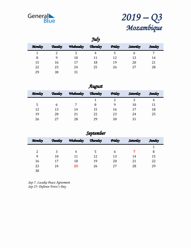 July, August, and September Calendar for Mozambique with Monday Start