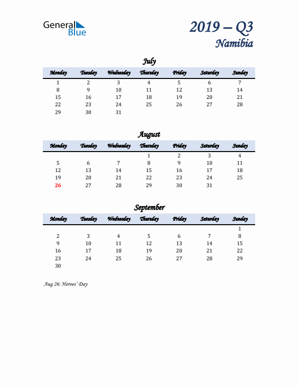 July, August, and September Calendar for Namibia with Monday Start