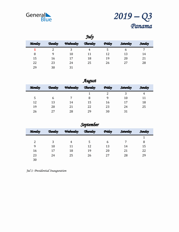 July, August, and September Calendar for Panama with Monday Start