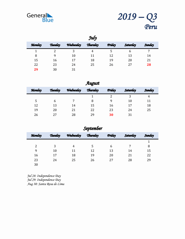 July, August, and September Calendar for Peru with Monday Start