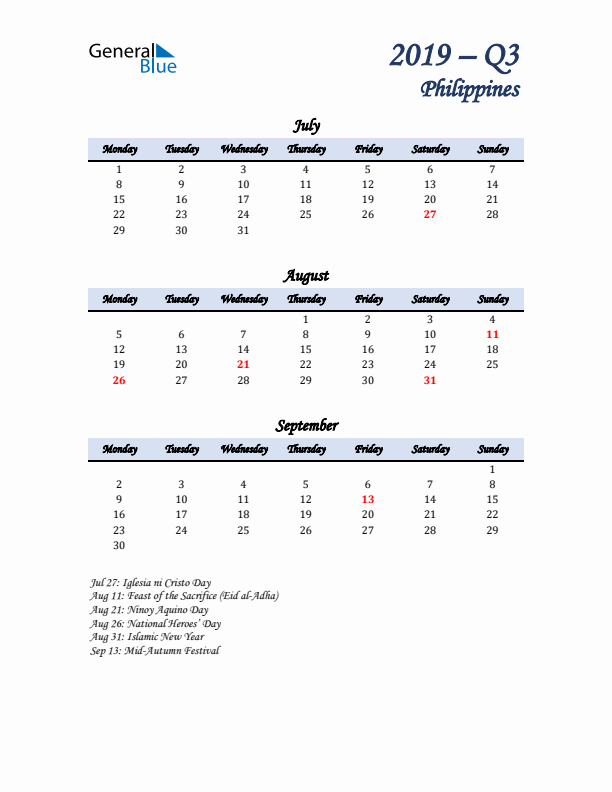 July, August, and September Calendar for Philippines with Monday Start