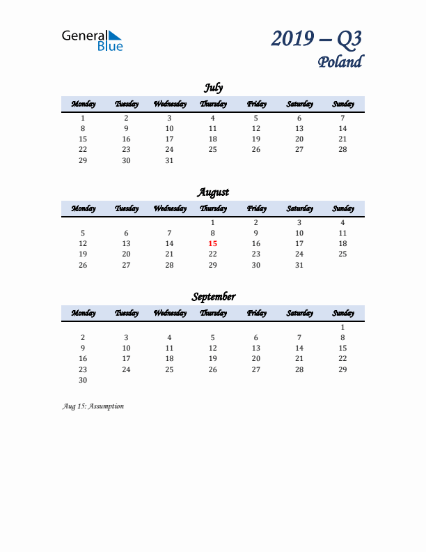 July, August, and September Calendar for Poland with Monday Start