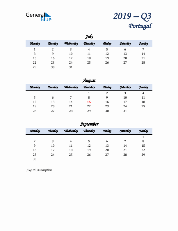 July, August, and September Calendar for Portugal with Monday Start