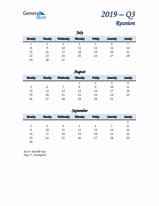 July, August, and September Calendar for Reunion with Monday Start