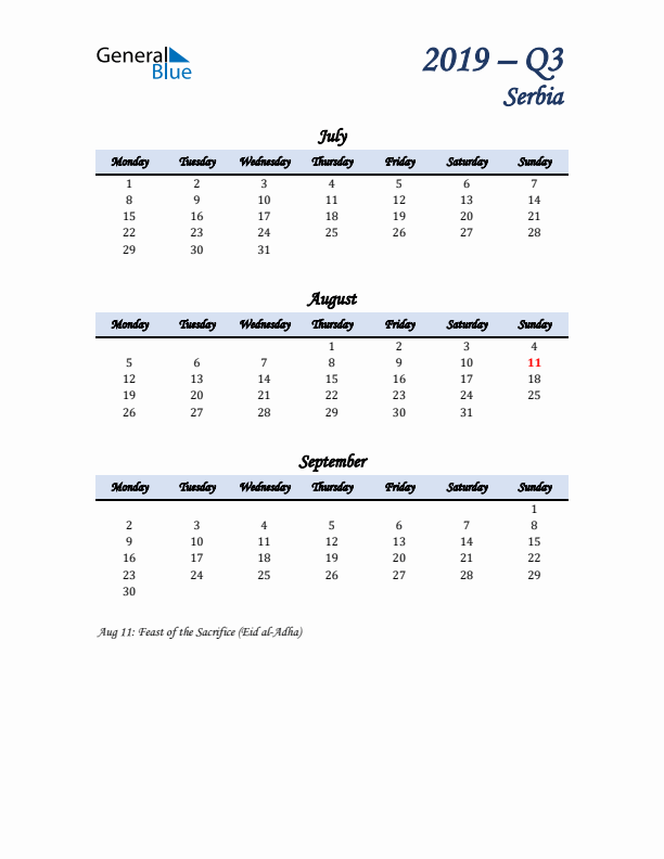 July, August, and September Calendar for Serbia with Monday Start