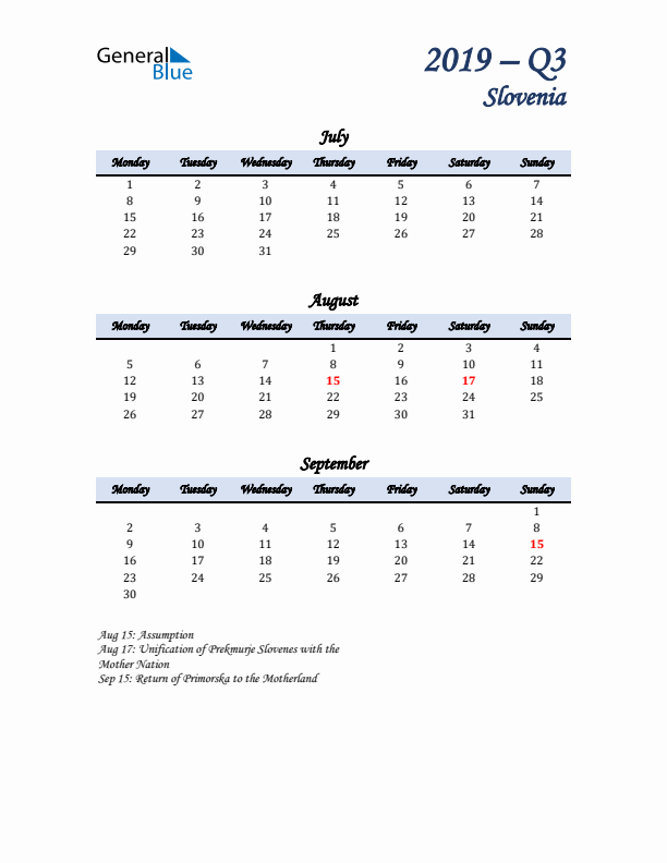 July, August, and September Calendar for Slovenia with Monday Start