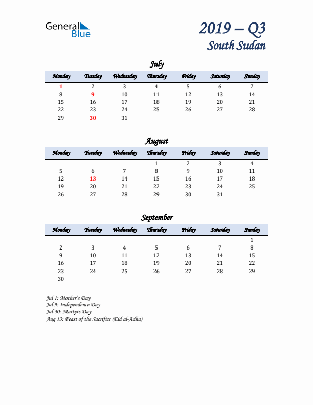 July, August, and September Calendar for South Sudan with Monday Start