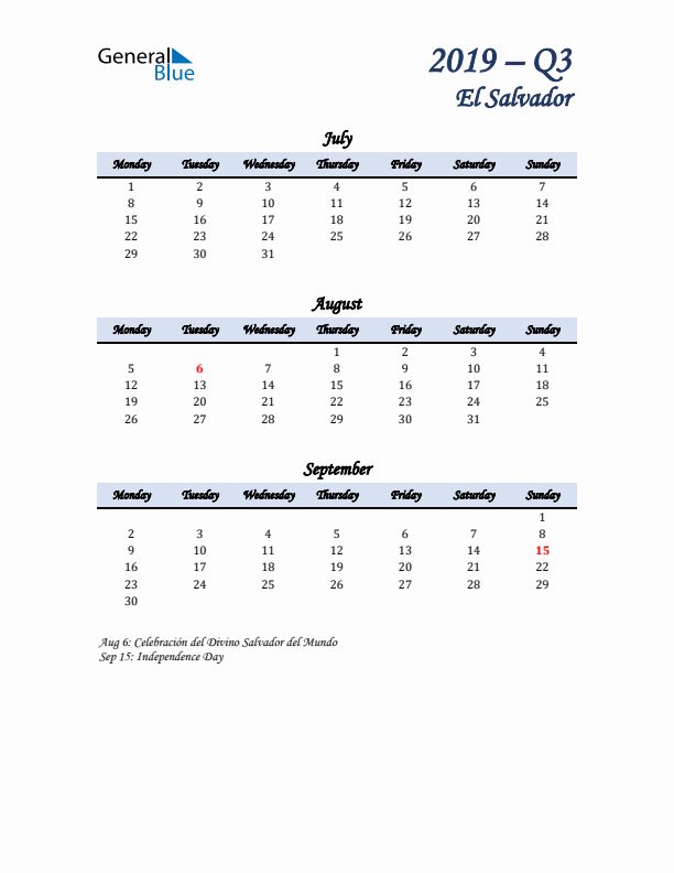 July, August, and September Calendar for El Salvador with Monday Start