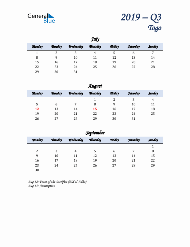 July, August, and September Calendar for Togo with Monday Start