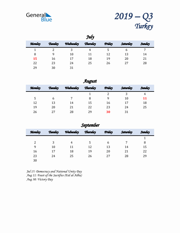 July, August, and September Calendar for Turkey with Monday Start