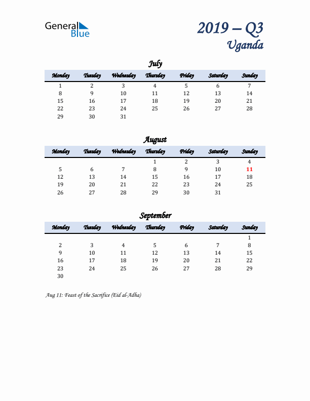 July, August, and September Calendar for Uganda with Monday Start