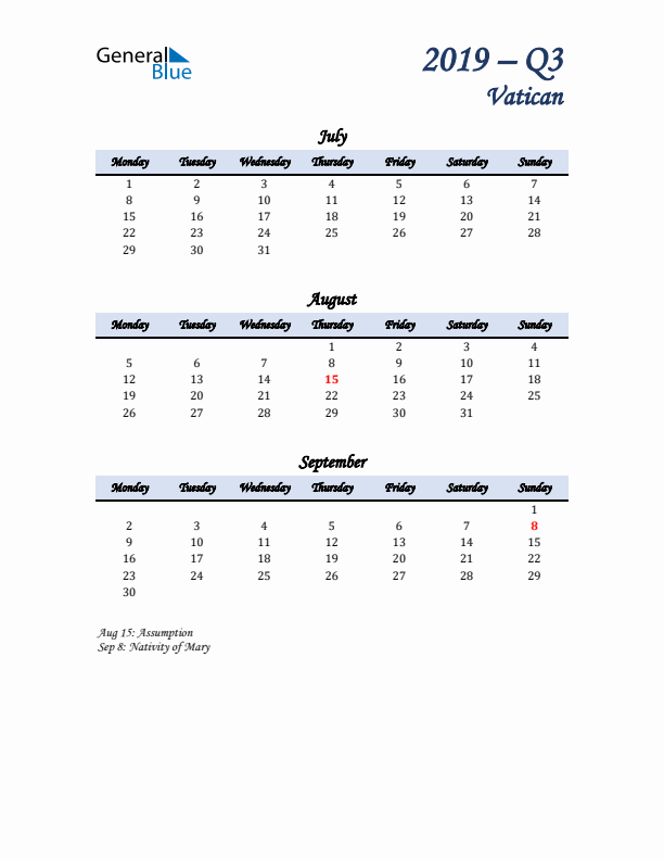 July, August, and September Calendar for Vatican with Monday Start