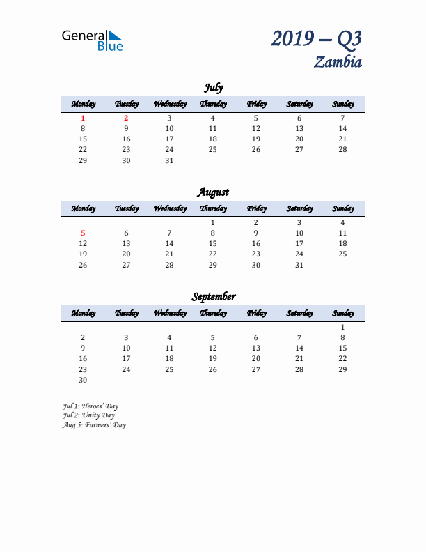 July, August, and September Calendar for Zambia with Monday Start