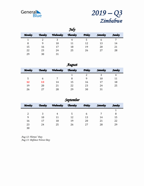 July, August, and September Calendar for Zimbabwe with Monday Start