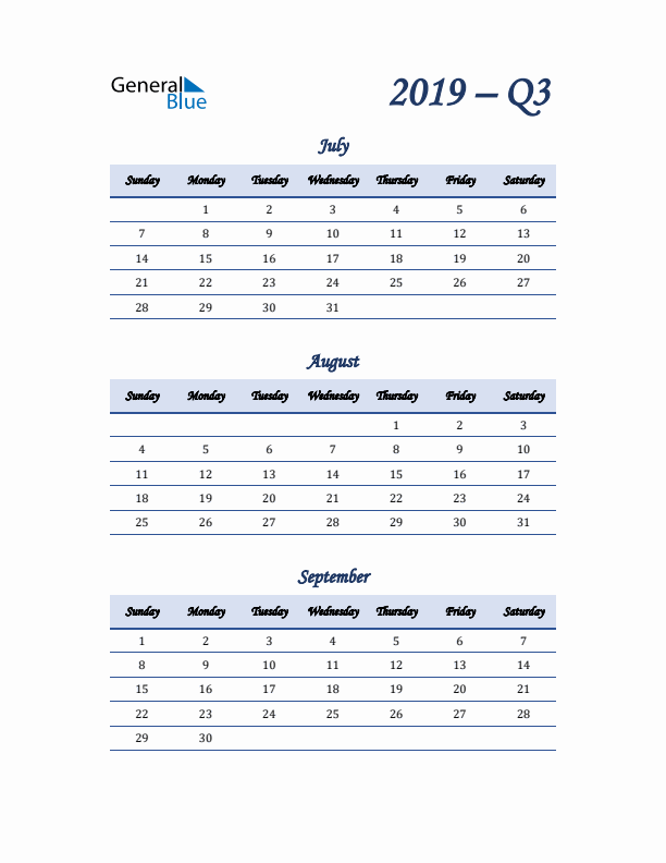 Sunday Start 2019 Quarterly Calendar