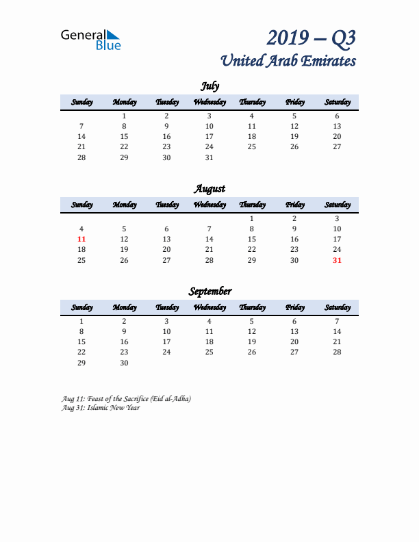 July, August, and September Calendar for United Arab Emirates with Sunday Start