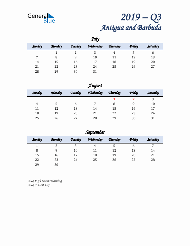 July, August, and September Calendar for Antigua and Barbuda with Sunday Start