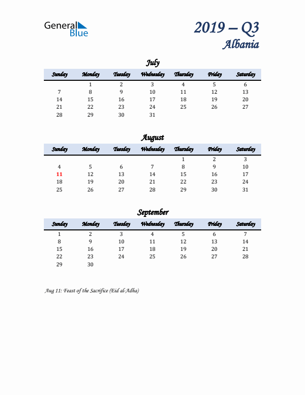 July, August, and September Calendar for Albania with Sunday Start