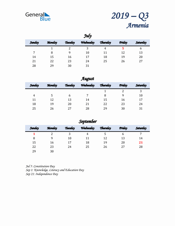 July, August, and September Calendar for Armenia with Sunday Start