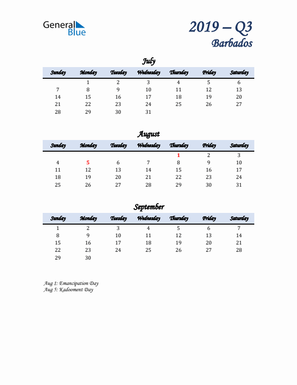 July, August, and September Calendar for Barbados with Sunday Start