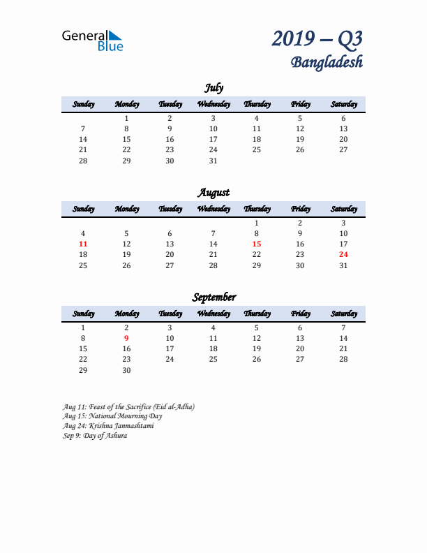 July, August, and September Calendar for Bangladesh with Sunday Start