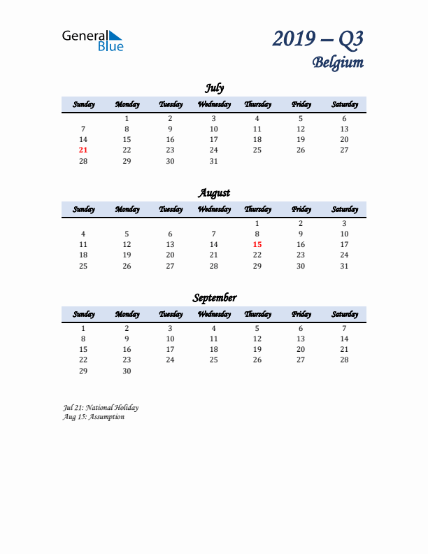 July, August, and September Calendar for Belgium with Sunday Start