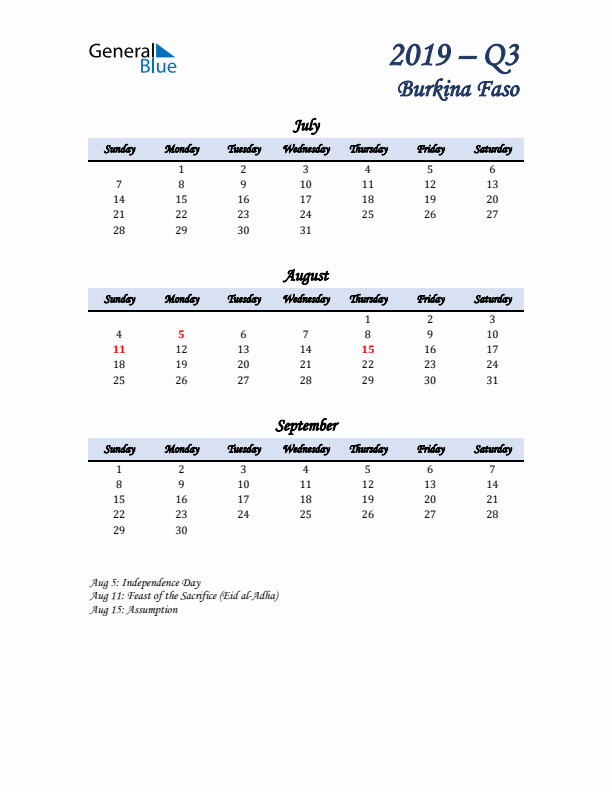 July, August, and September Calendar for Burkina Faso with Sunday Start