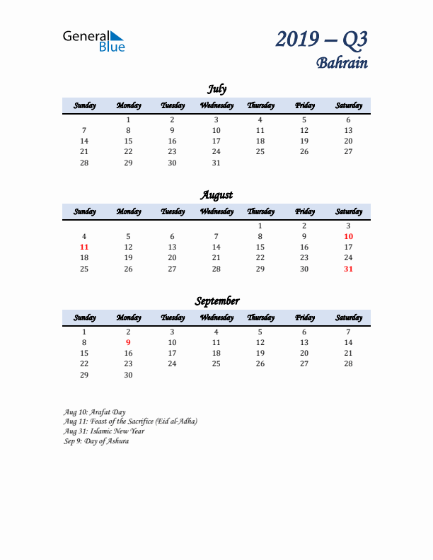 July, August, and September Calendar for Bahrain with Sunday Start