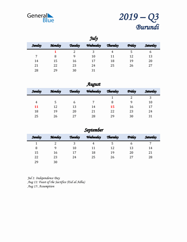 July, August, and September Calendar for Burundi with Sunday Start