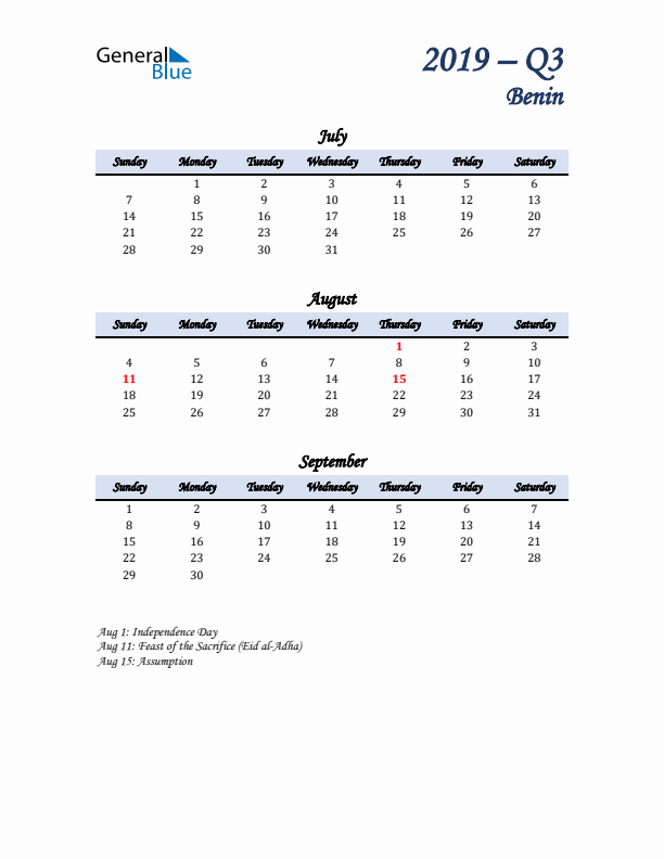 July, August, and September Calendar for Benin with Sunday Start