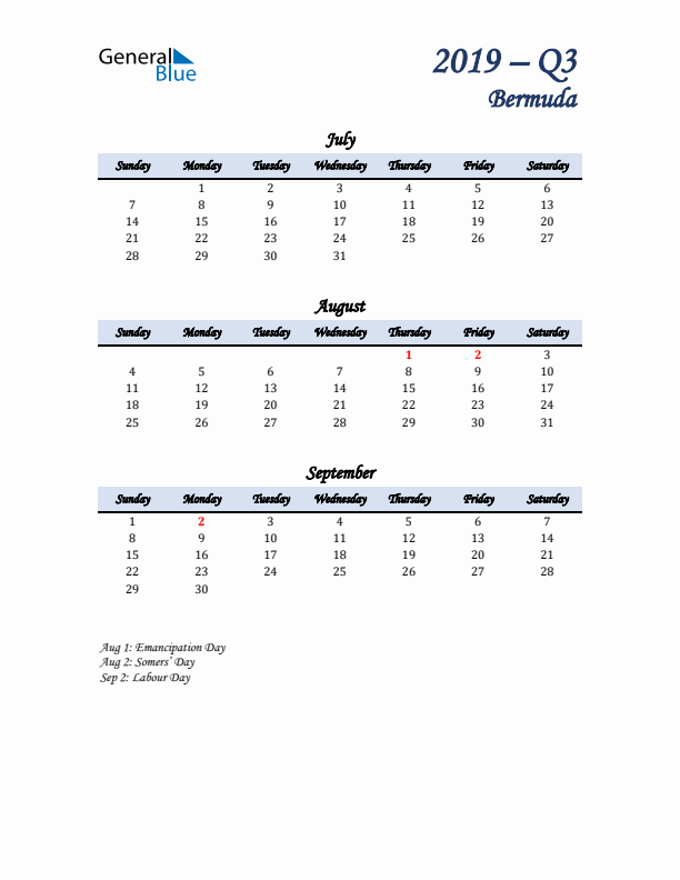 July, August, and September Calendar for Bermuda with Sunday Start