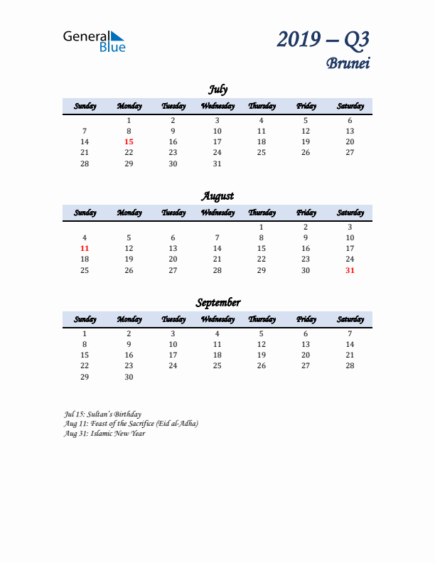 July, August, and September Calendar for Brunei with Sunday Start