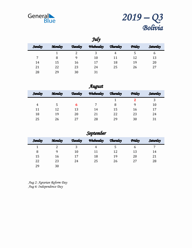 July, August, and September Calendar for Bolivia with Sunday Start