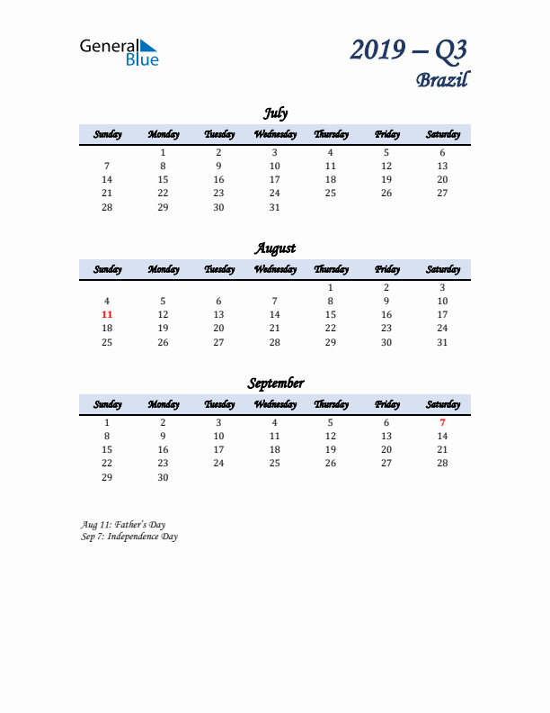 July, August, and September Calendar for Brazil with Sunday Start