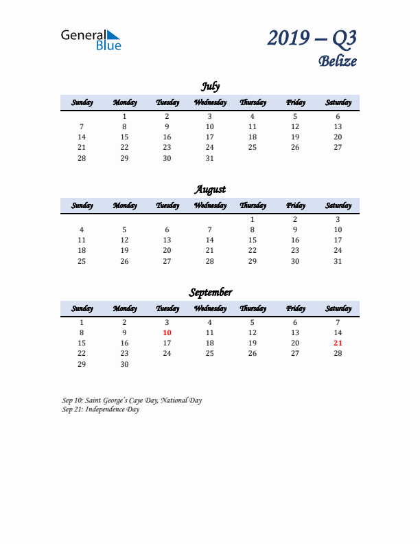 July, August, and September Calendar for Belize with Sunday Start