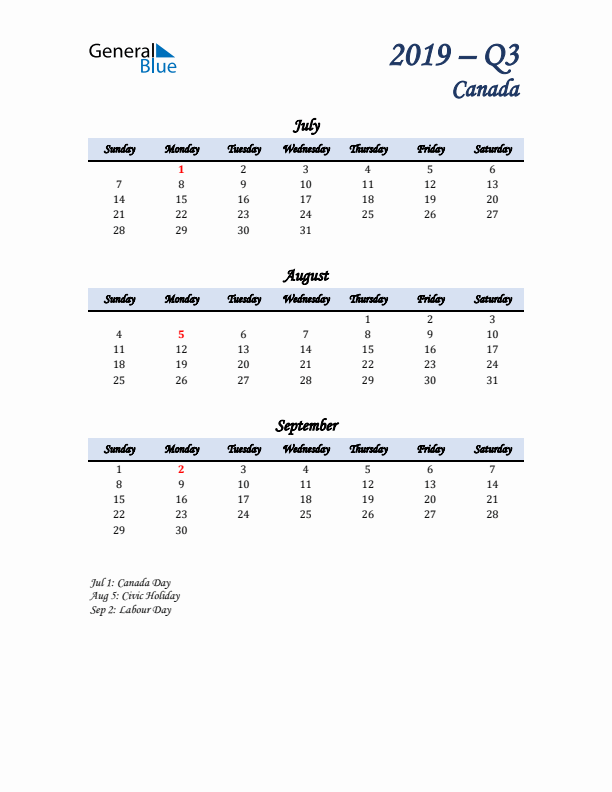 July, August, and September Calendar for Canada with Sunday Start