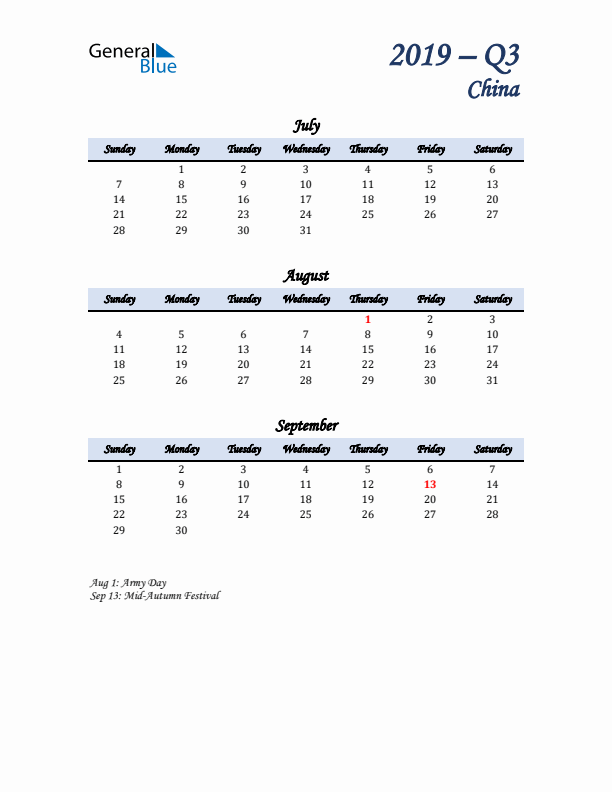 July, August, and September Calendar for China with Sunday Start