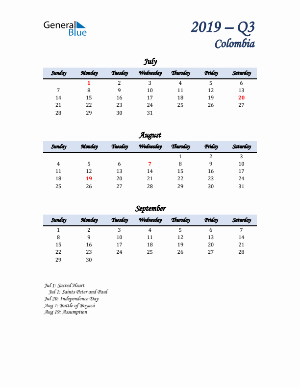 July, August, and September Calendar for Colombia with Sunday Start