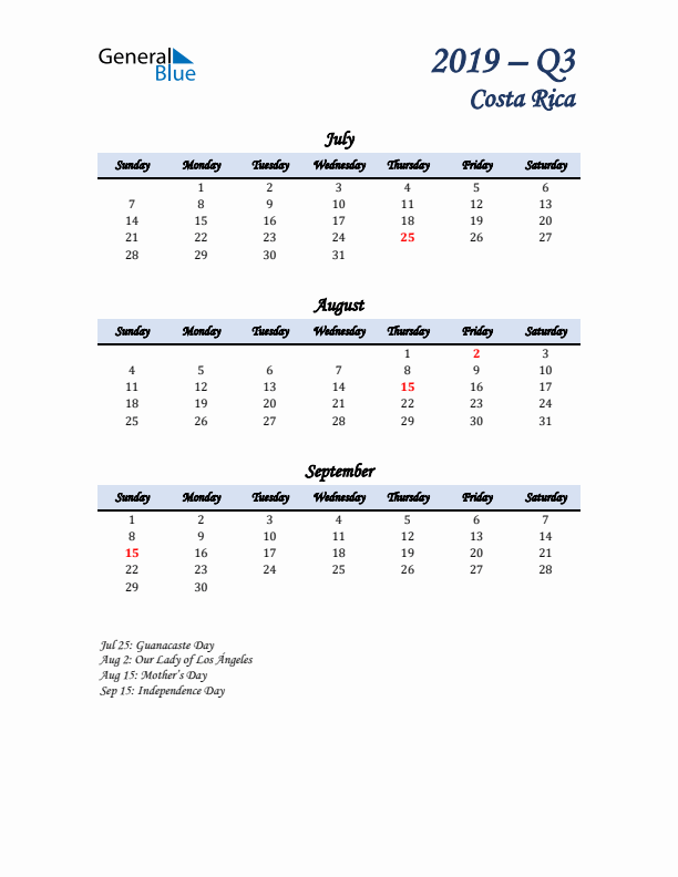 July, August, and September Calendar for Costa Rica with Sunday Start