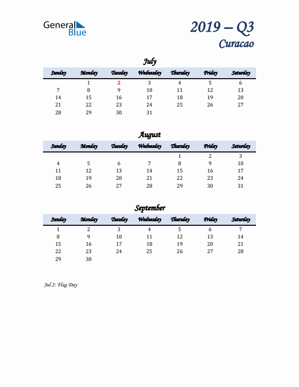 July, August, and September Calendar for Curacao with Sunday Start