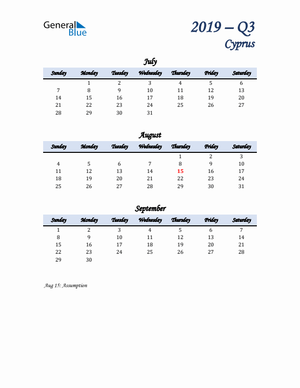 July, August, and September Calendar for Cyprus with Sunday Start