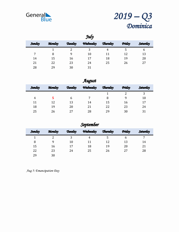 July, August, and September Calendar for Dominica with Sunday Start