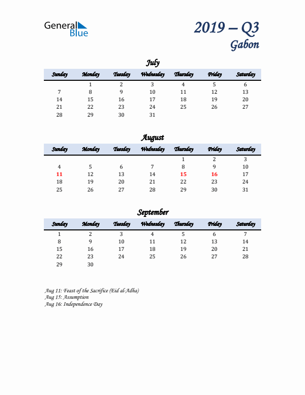 July, August, and September Calendar for Gabon with Sunday Start