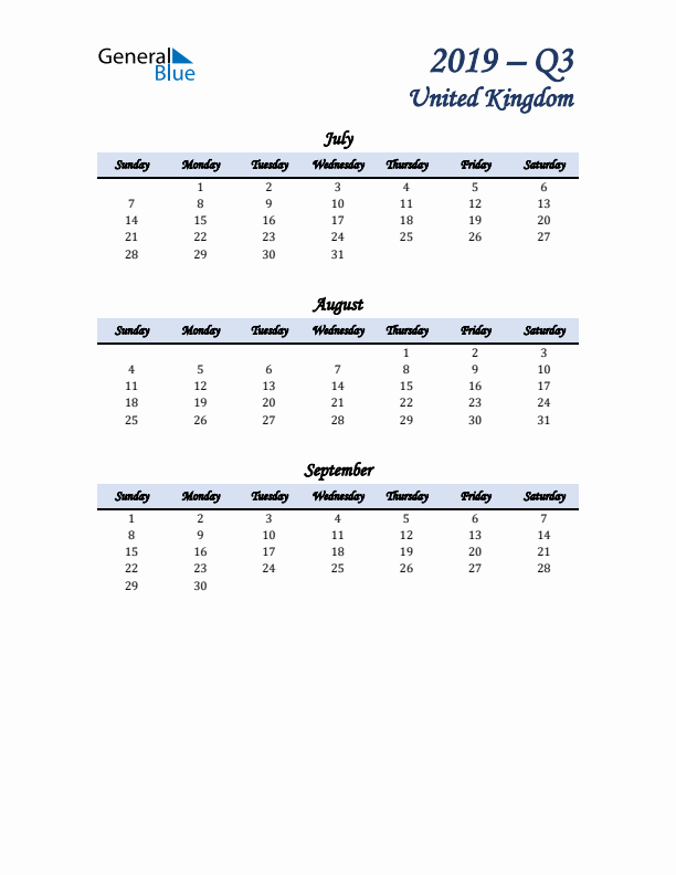 July, August, and September Calendar for United Kingdom with Sunday Start