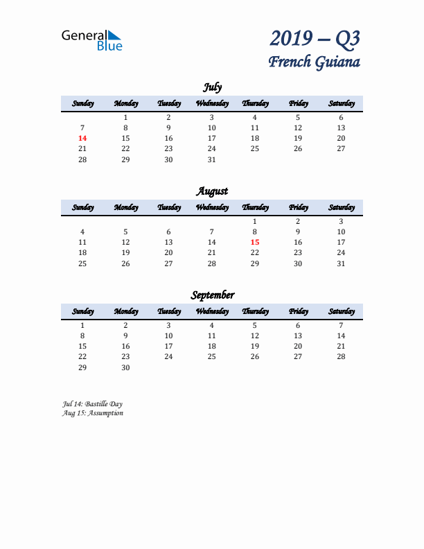 July, August, and September Calendar for French Guiana with Sunday Start