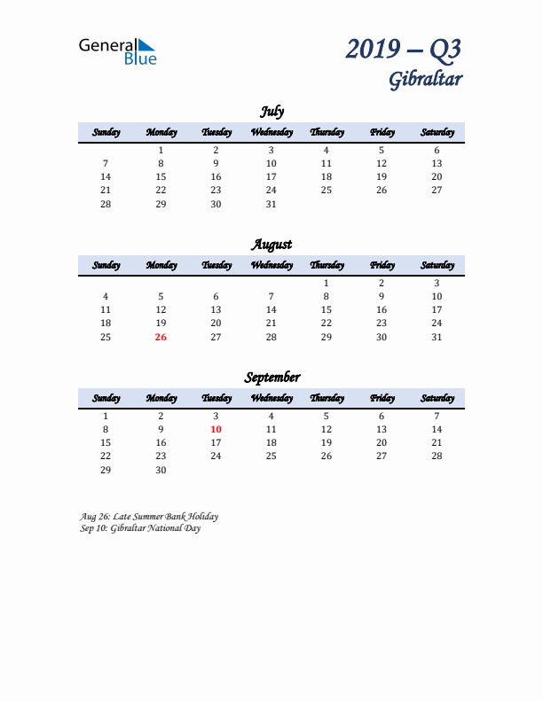 July, August, and September Calendar for Gibraltar with Sunday Start